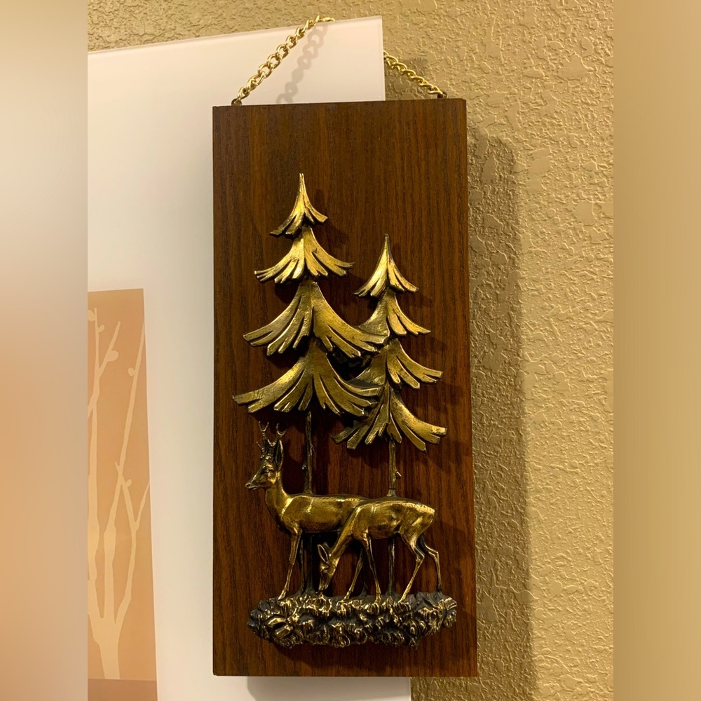 Vintage Germany Gold Tone Buck And Doe Wood Wall Hanging Plaque Pine Trees